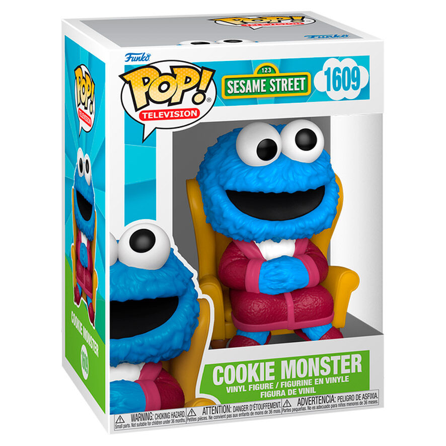 Vue rapprochée de la figurine Funko POP Cookie Monster avec détails du visage et boîte d'origine