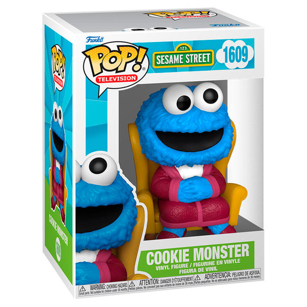 Vue rapprochée de la figurine Funko POP Cookie Monster avec détails du visage et boîte d'origine
