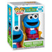 Vue rapprochée de la figurine Funko POP Cookie Monster avec détails du visage et boîte d'origine