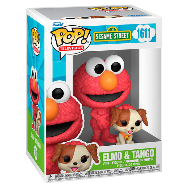Figurine Funko POP Sesame Street Elmo tenant Tango, en vinyl de 9 cm dans sa boîte cadeau colorée