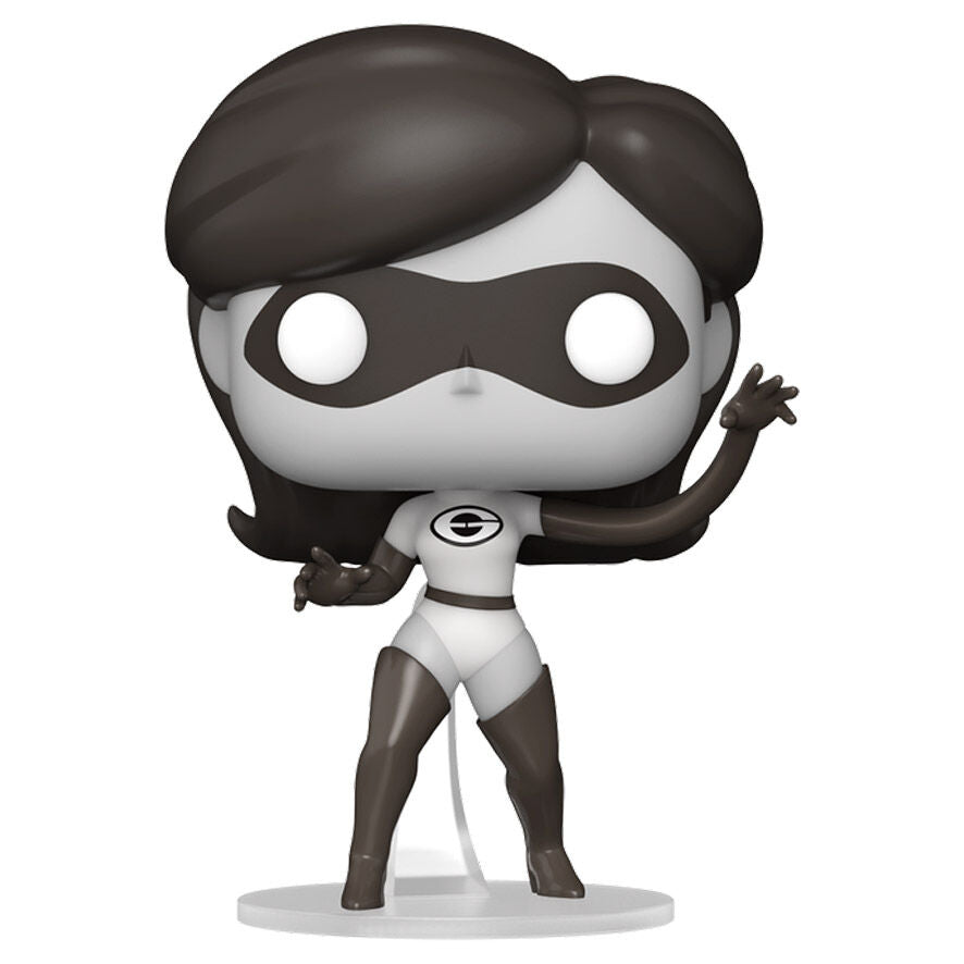 Présentation de la figurine Elastigirl Funko POP posée sur un socle avec éclairage mettant en valeur ses détails