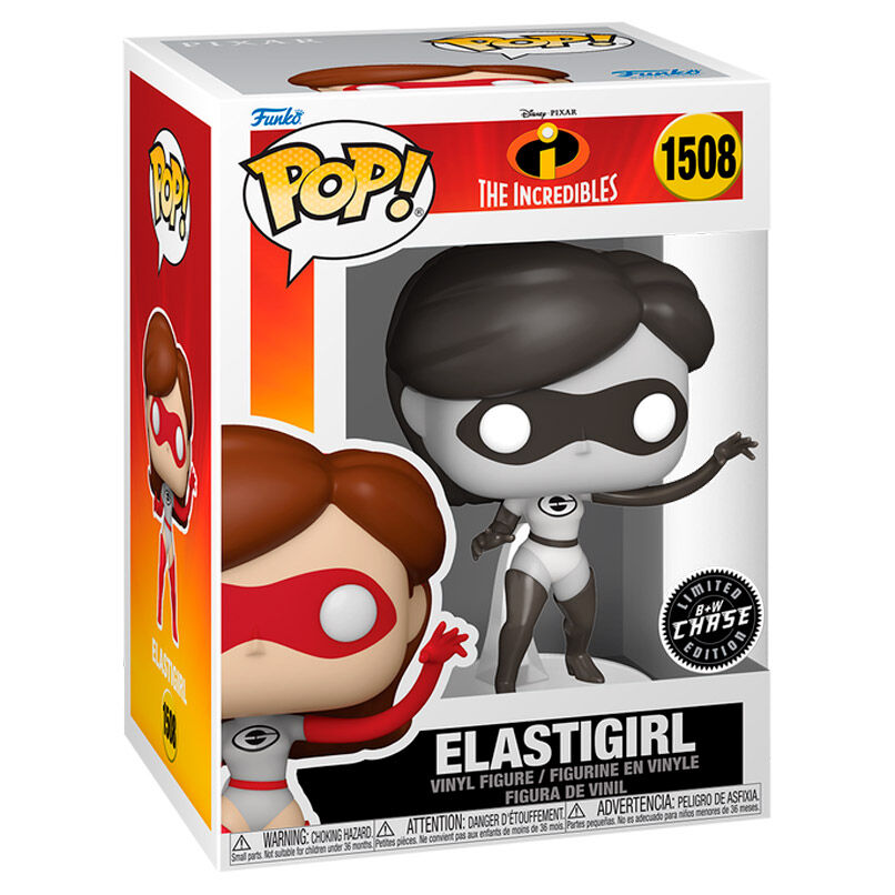 Côté de la boîte cadeau Funko POP mettant en avant le logo officiel et l'image du personnage Elastigirl