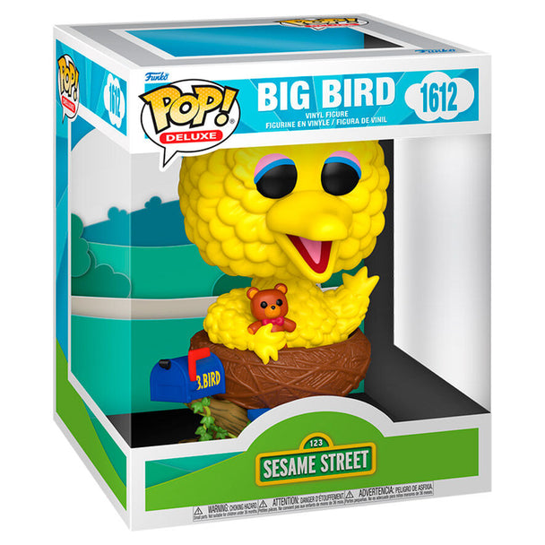 Vue rapprochée de la figurine Funko POP Big Bird avec détails colorés et boîte d'origine