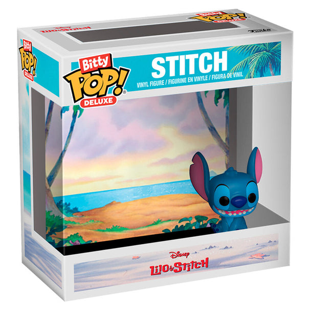 Photo de profil montrant la taille compacte et les finitions soignées de la figurine Stitch Bitty POP.
