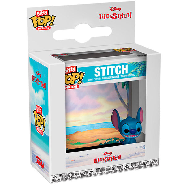 Vue de face de la figurine Deluxe Bitty POP Disney Stitch de FUNKO avec ses couleurs vives et détails précis.