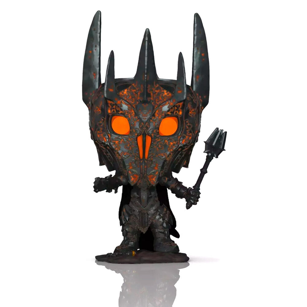 Vue latérale de la figurine POP Sauron exclusive FUNKO avec éclairage mettant en valeur les textures.