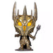 Détail de la figurine POP Sauron montrant l'armure noire brillante et le casque emblématique.