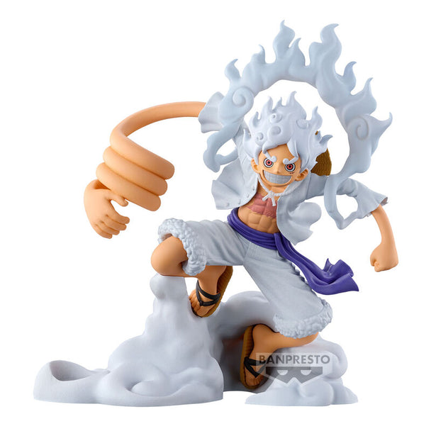 Figurine Monkey D. Luffy Gear 5 de 10 cm par BANPRESTO, représentant le célèbre personnage de One Piece en pose dynamique.