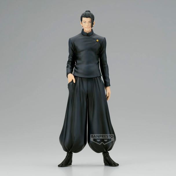 Vue latérale gauche de la figurine Suguru Geto montrant les textures du vêtement