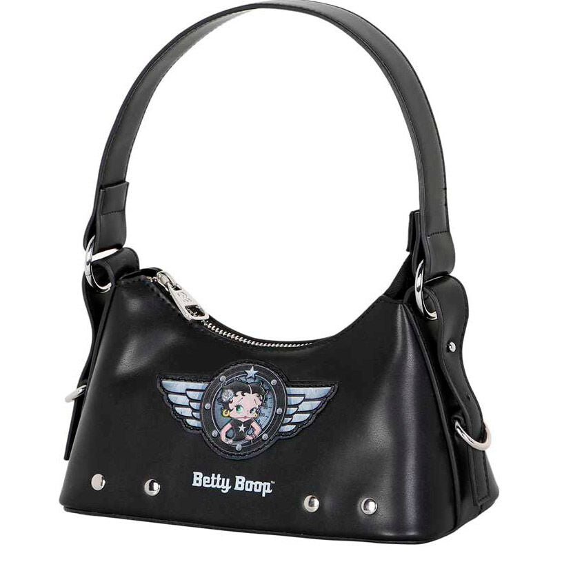 Sac Betty Boop Motor Love porté à l'épaule, illustrant la longueur de la sangle et le style vintage unique