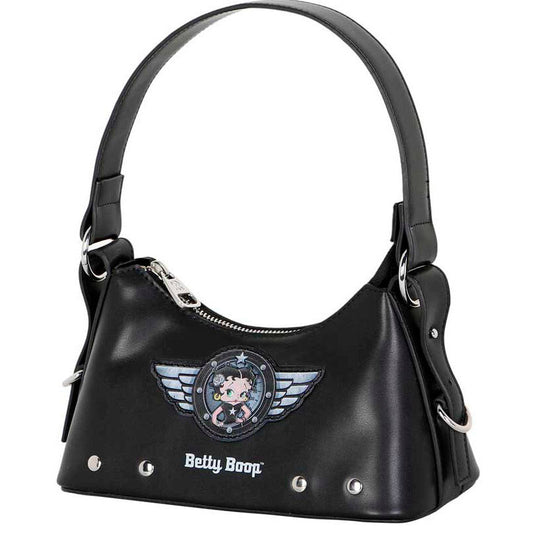 Sac Betty Boop Motor Love porté à l'épaule, illustrant la longueur de la sangle et le style vintage unique