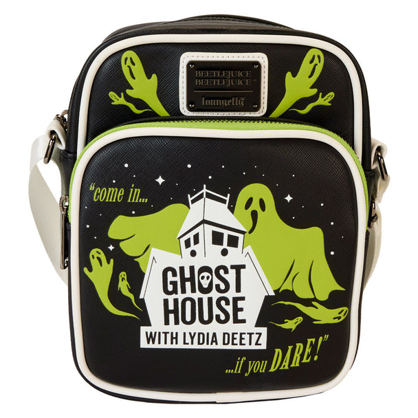Vue avant du sac épaule Loungefly Beetlejuice 2 Ghost House en cuir vegan avec détails imprimés et reliefs brillants