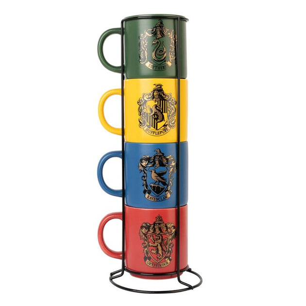 Set de 4 mugs Harry Potter en porcelaine avec motifs détaillés sur fond blanc