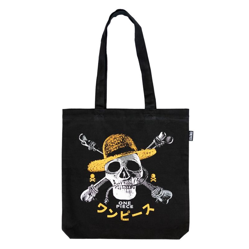Sac shopping One Piece Jolly Roger ERIK vue de face avec logo emblématique noir et blanc sur fond naturel