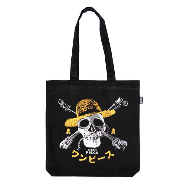 Sac shopping One Piece Jolly Roger ERIK vue de face avec logo emblématique noir et blanc sur fond naturel