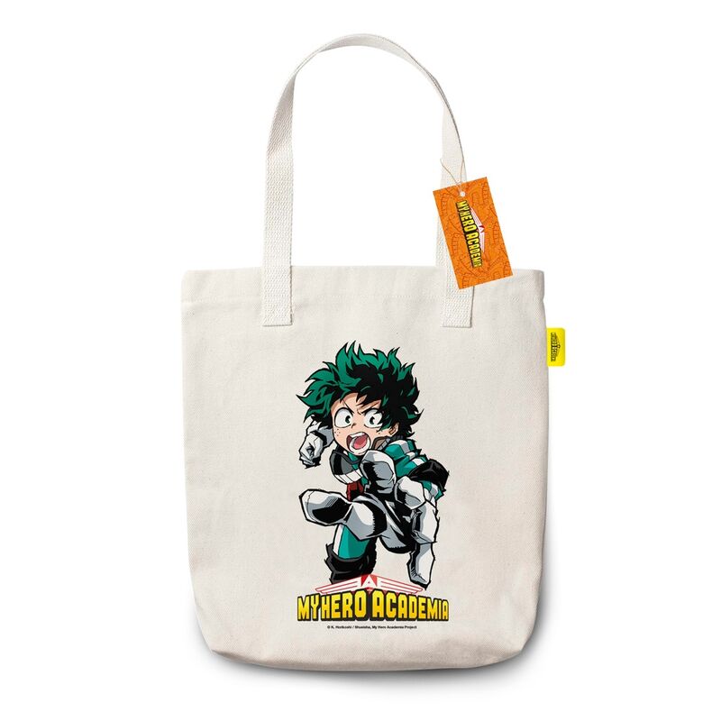 Sac de shopping My Hero Academia ERIK en coton recyclé avec anses larges posé sur fond blanc