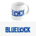 Mug Blue Lock logo ERIK en céramique blanche avec une capacité de 350ml posé sur une table