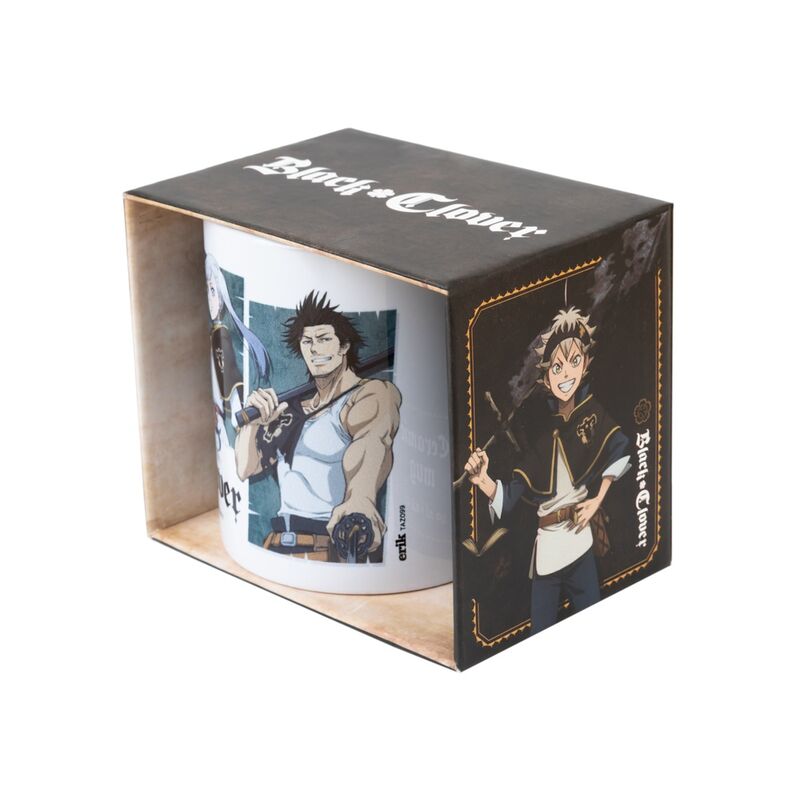 Vue latérale du mug Black Cover Characters montrant ses dimensions compactes de 10x8 cm