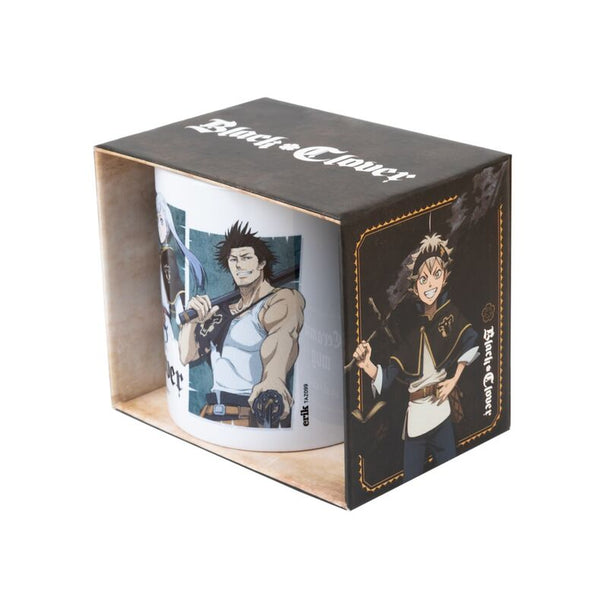 Vue latérale du mug Black Cover Characters montrant ses dimensions compactes de 10x8 cm