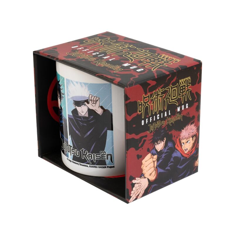 Détail du design du mug Jujutsu Kaisen montrant les personnages principaux en couleur vive