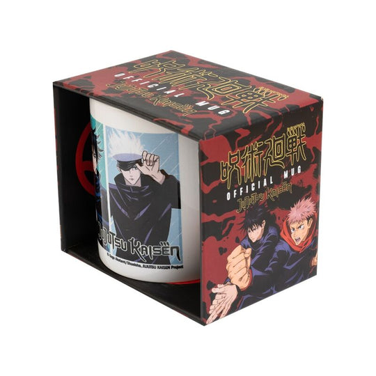 Détail du design du mug Jujutsu Kaisen montrant les personnages principaux en couleur vive
