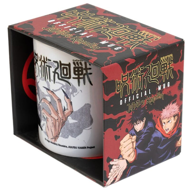 Vue de face du mug Jujutsu Kaisen montrant les personnages Yuji et Sukuna en détails colorés