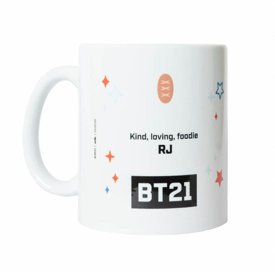 Détail du dessin coloré BT21 RJ sur le mug en céramique, finition brillante visible