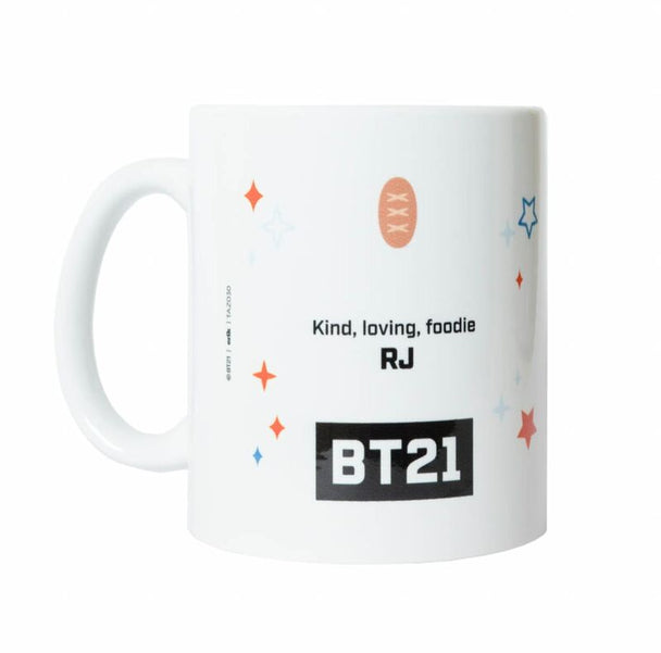 Détail du dessin coloré BT21 RJ sur le mug en céramique, finition brillante visible