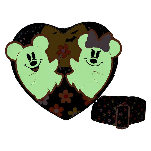 Détail du sac Loungefly montrant le design floral et fantôme autour de Mickey et Minnie