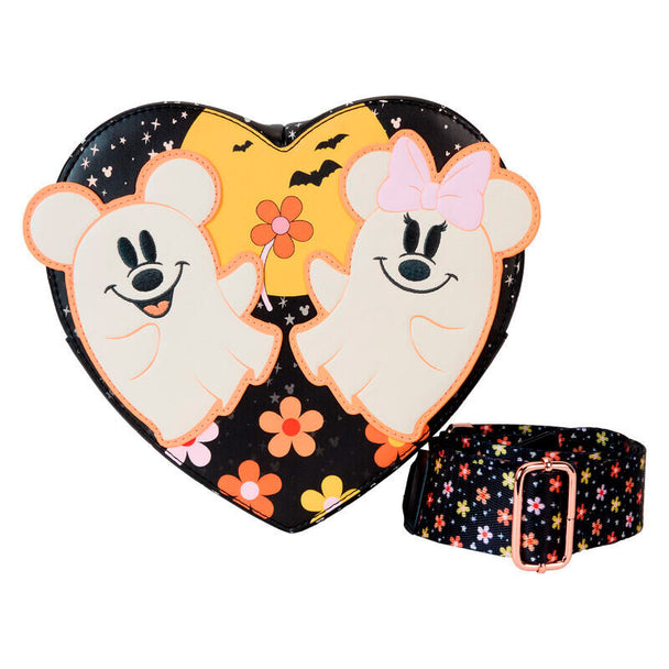 Sac épaule Loungefly Disney Mickey et Minnie avec motifs floraux et fantômes colorés vue avant