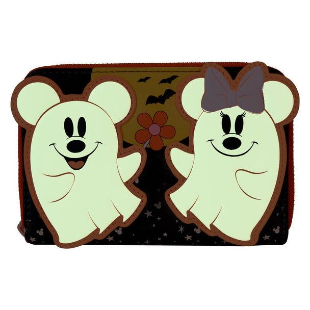 Détail des appliqués et motifs phosphorescents sur le portefeuille Mickey & Minnie Floral Ghost Loungefly