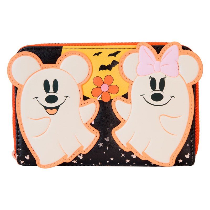 Portefeuille Loungefly Disney Mickey et Minnie Floral Ghost en cuir vegan, vue frontale avec fermeture éclair rose gold