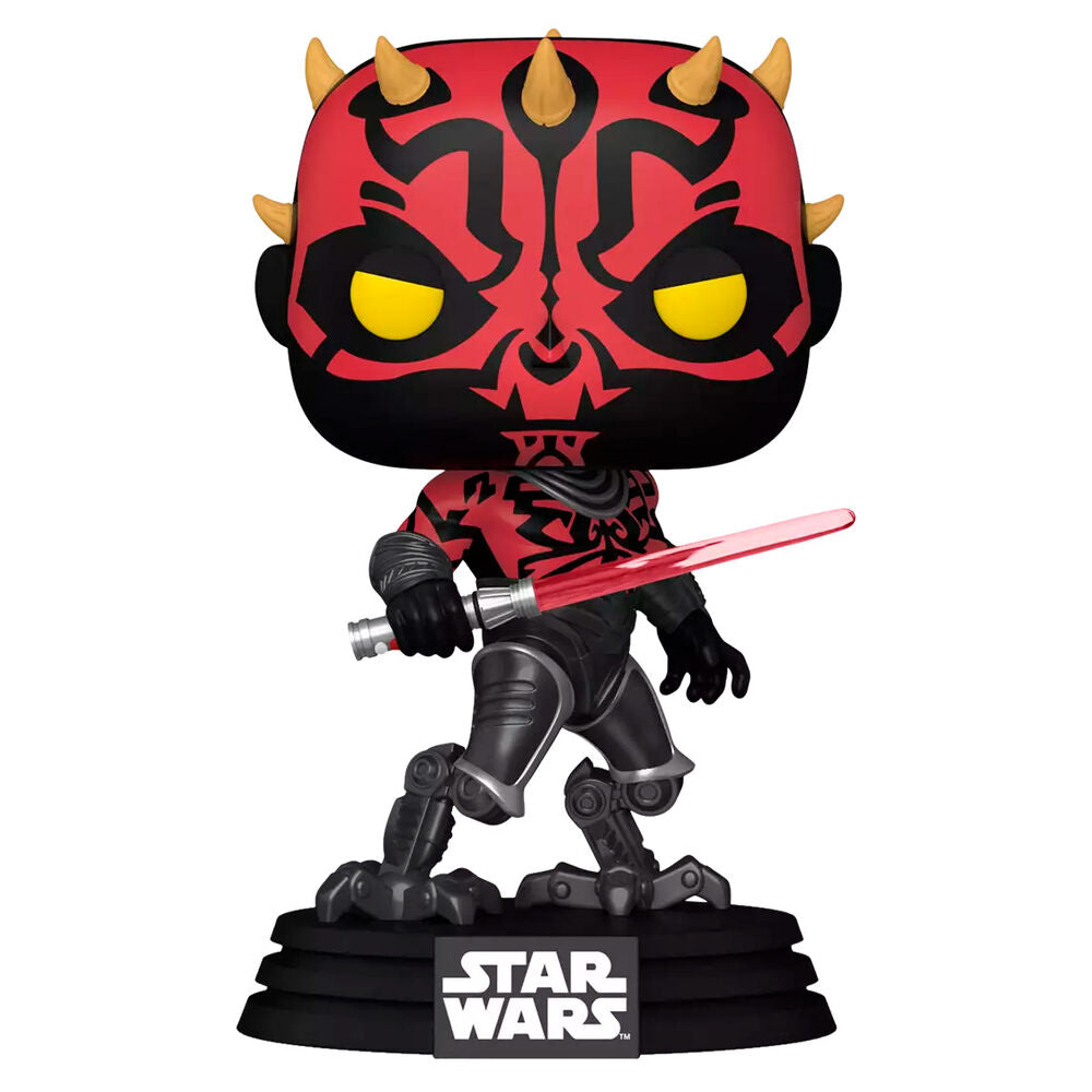 Vue rapprochée de la figurine Darth Maul Funko POP montrant les couleurs vives et la finition soignée du vinyle