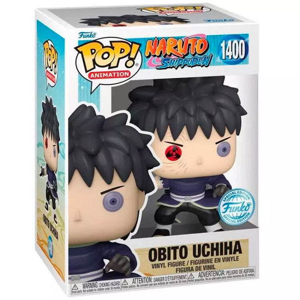 Vue rapprochée de la figurine Funko POP Obito Uchiha avec détails précis du visage et costume, édition exclusive.
