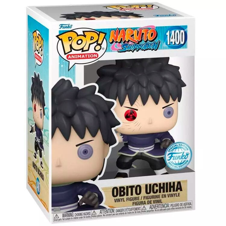 Vue rapprochée de la figurine Funko POP Obito Uchiha avec détails précis du visage et costume, édition exclusive.