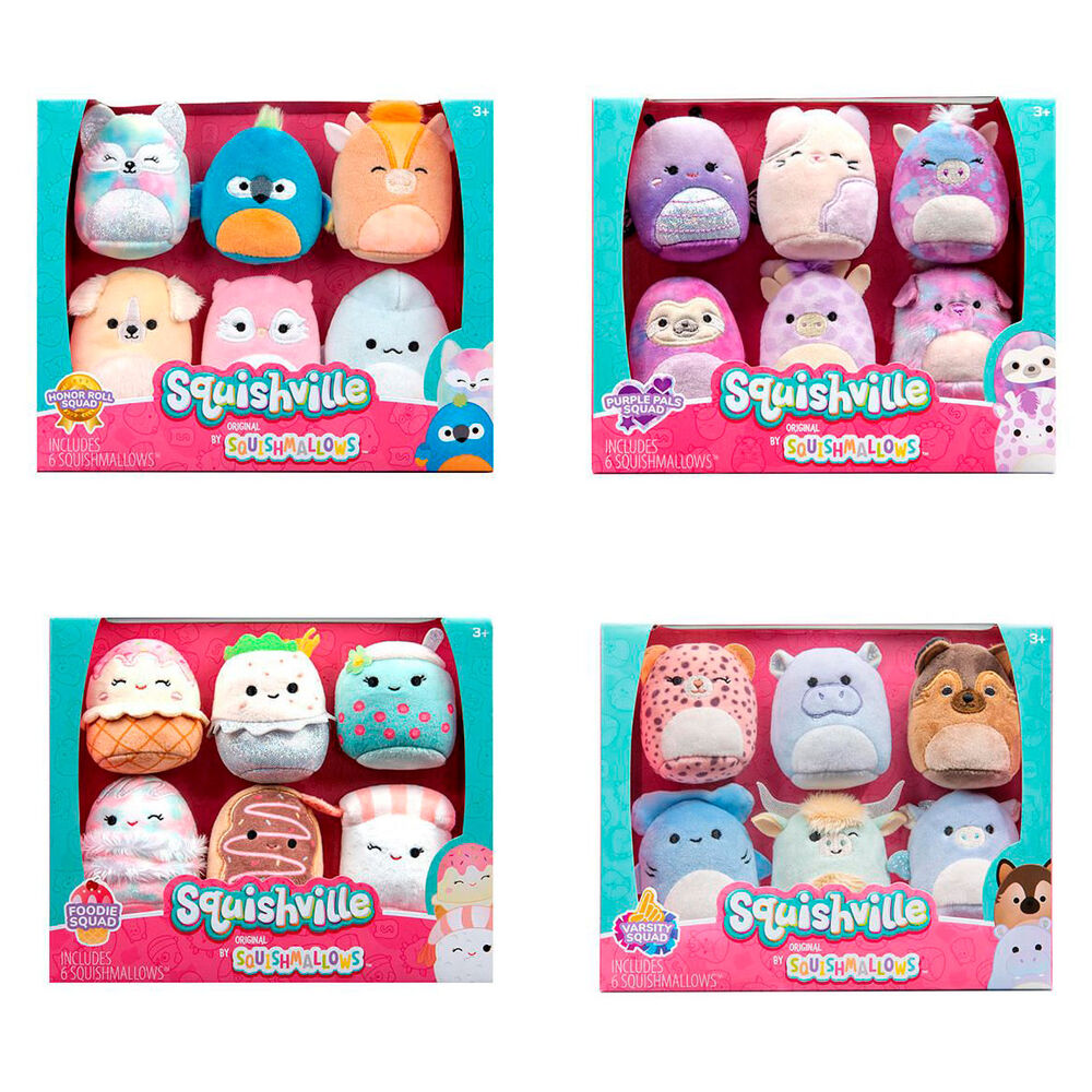 Set de peluches Squishmallows JAZWARES 5 cm avec 6 unités assorties, dont 2 surprises, présenté sur fond blanc.