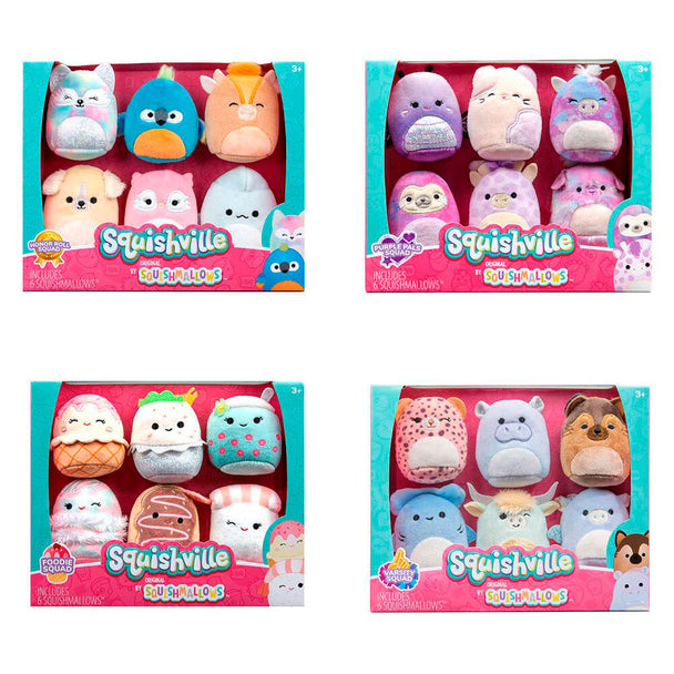 Set de peluches Squishmallows JAZWARES 5 cm avec 6 unités assorties, dont 2 surprises, présenté sur fond blanc.