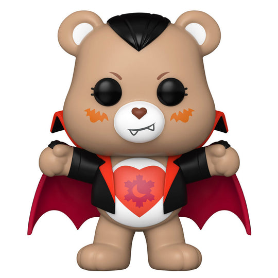 Figurine Funko POP Care Bears x Monsters Tender Heart Bear déguisé en Dracula, vue de face, 9 cm en vinyle dans sa boîte cadeau