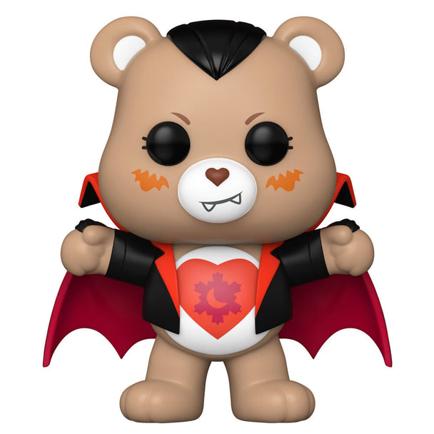 Figurine Funko POP Care Bears x Monsters Tender Heart Bear déguisé en Dracula, vue de face, 9 cm en vinyle dans sa boîte cadeau