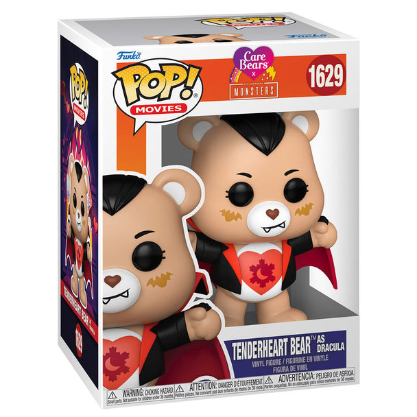 Packaging de la figurine Funko POP Care Bears x Monsters Tender Heart Bear Dracula, montrant le design exclusif et la taille de 9 cm