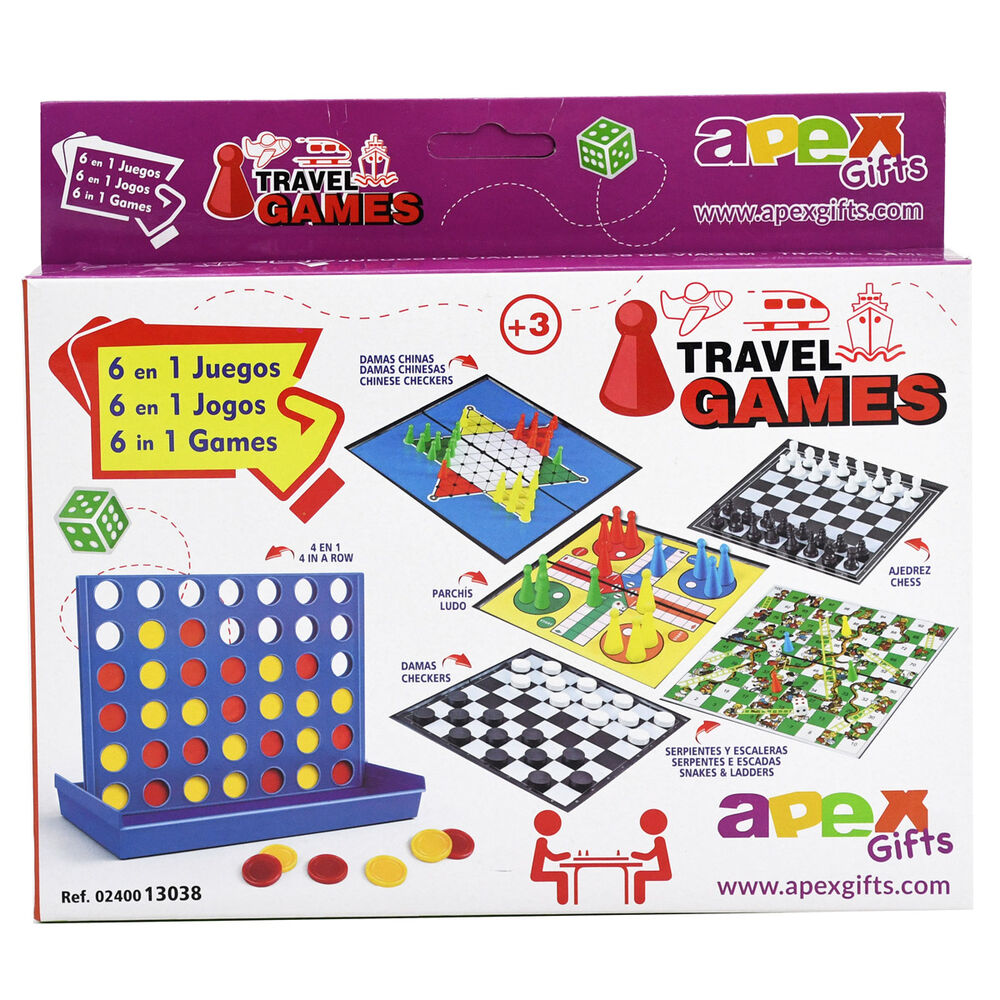 Boîte compacte du jeu de voyage 6 en 1 APEX GIFTS avec logo visible, idéale pour le transport facile lors des déplacements.