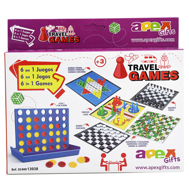 Boîte compacte du jeu de voyage 6 en 1 APEX GIFTS avec logo visible, idéale pour le transport facile lors des déplacements.