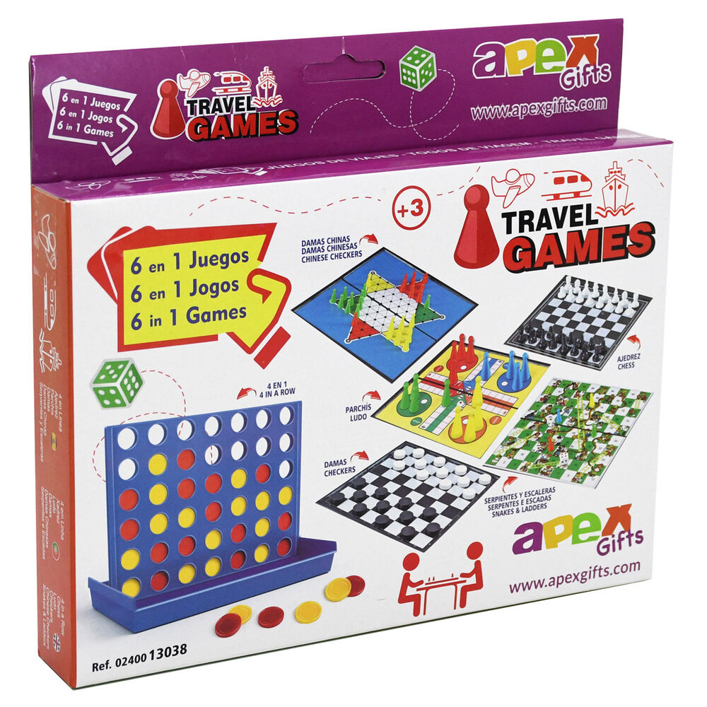 Jeu de voyage 6 en 1 APEX GIFTS ouvert sur une table, exposant les différents plateaux de jeux inclus dans le coffret.