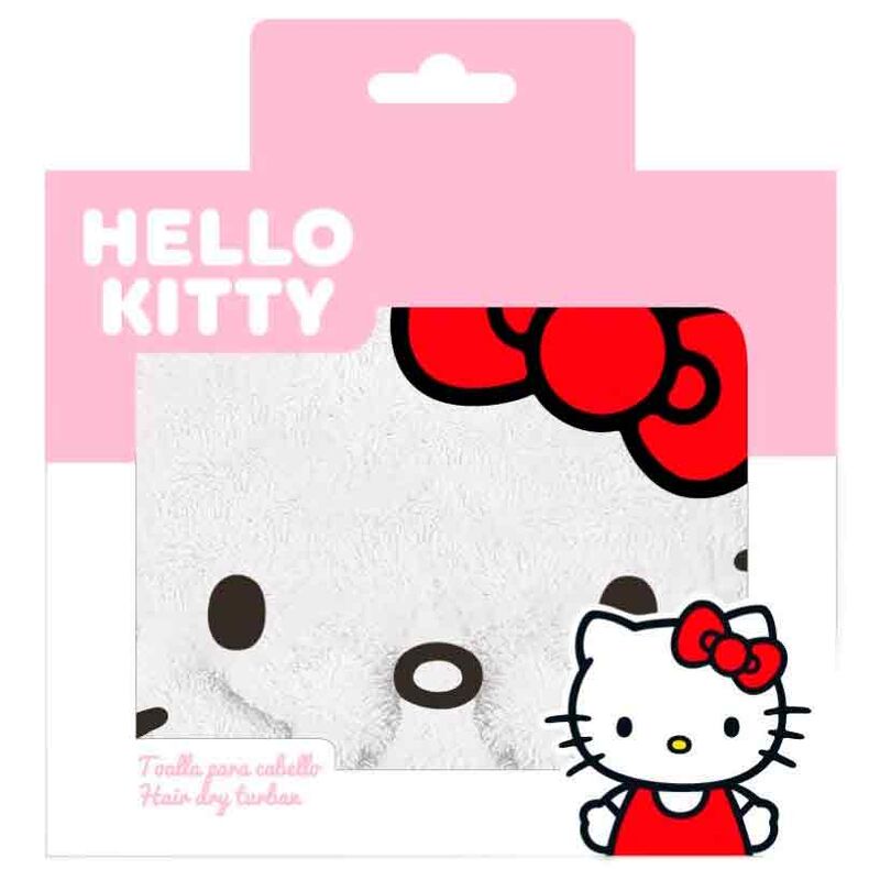 Serviette cheveux Hello Kitty CERDÁ en polyester, vue de face avec motif coloré et doux au toucher