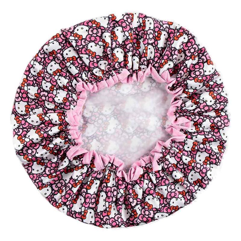 Vue latérale du bonnet de douche Hello Kitty montrant le design et la texture polyester