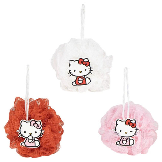Éponge de douche Hello Kitty colorée en plastique et caoutchouc vue de face avec détails du personnage