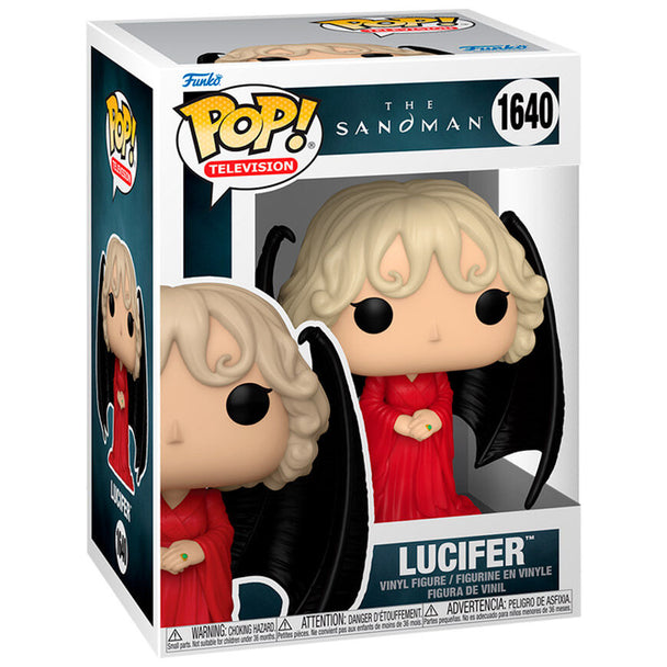 Vue rapprochée de la figurine Funko POP Lucifer de The Sandman, montrant les couleurs et finitions précises du vinyle.
