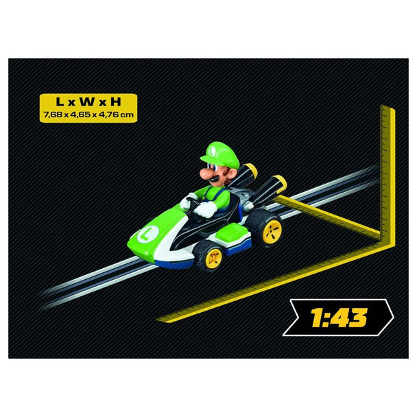 Voiture de course Mario Kart 8 Luigi à l'échelle 1:43 signée CARRERA, vue de face avec détails colorés