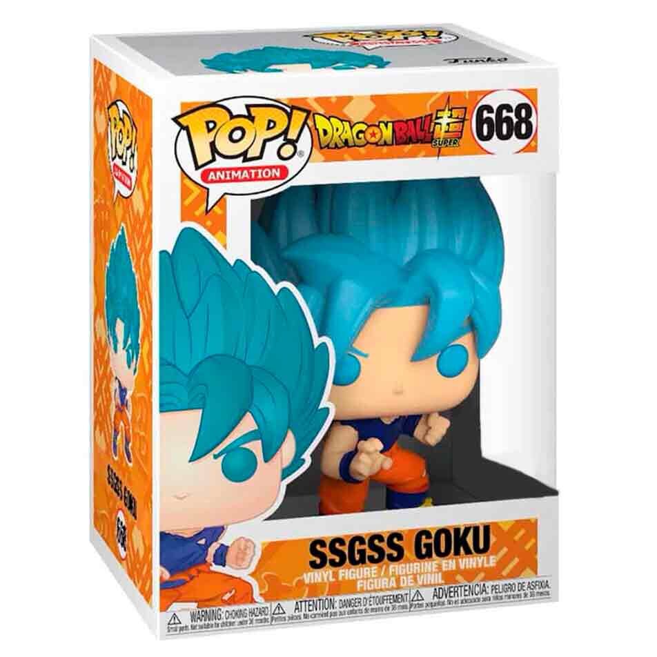 Packaging de la figurine Funko POP exclusive Goku SSGSS Dragon Ball Super, boîte en carton avec illustrations et logo Funko