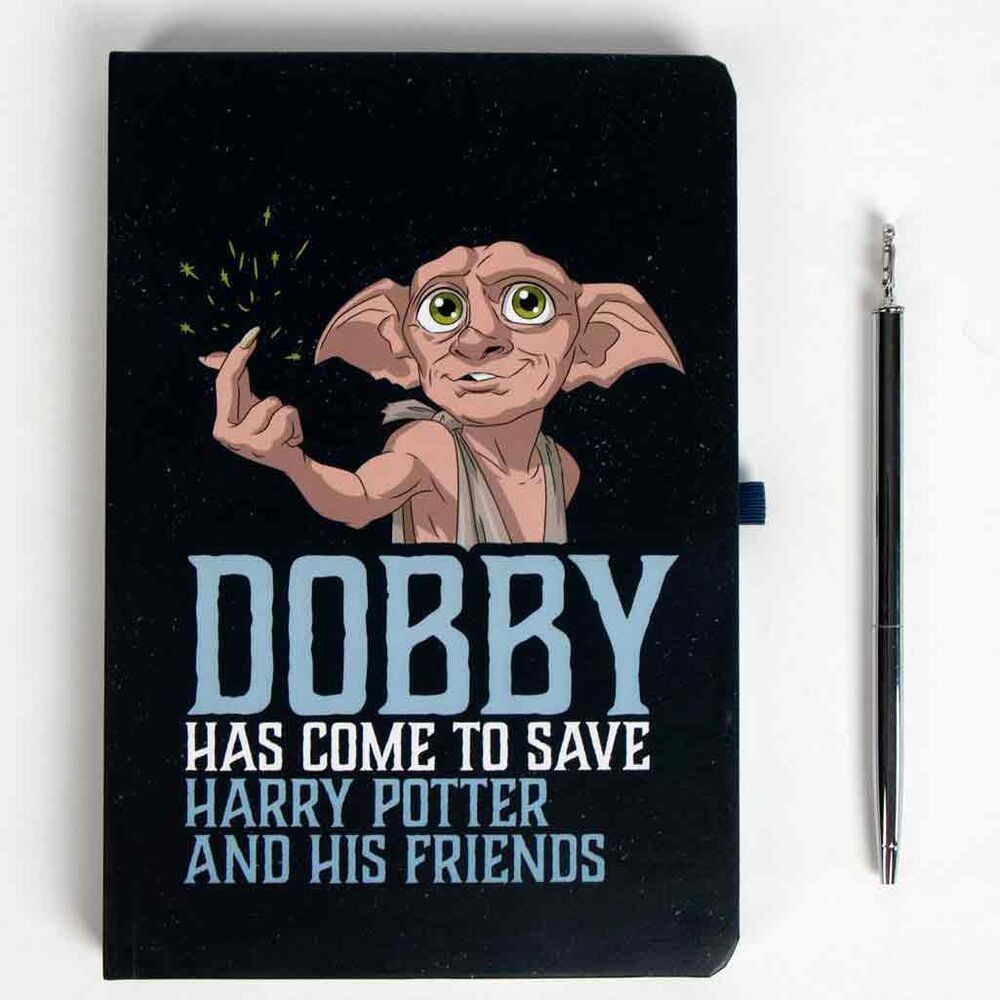Stylo bleu aux motifs de Dobby et de la saga Harry Potter, posé sur une surface blanche